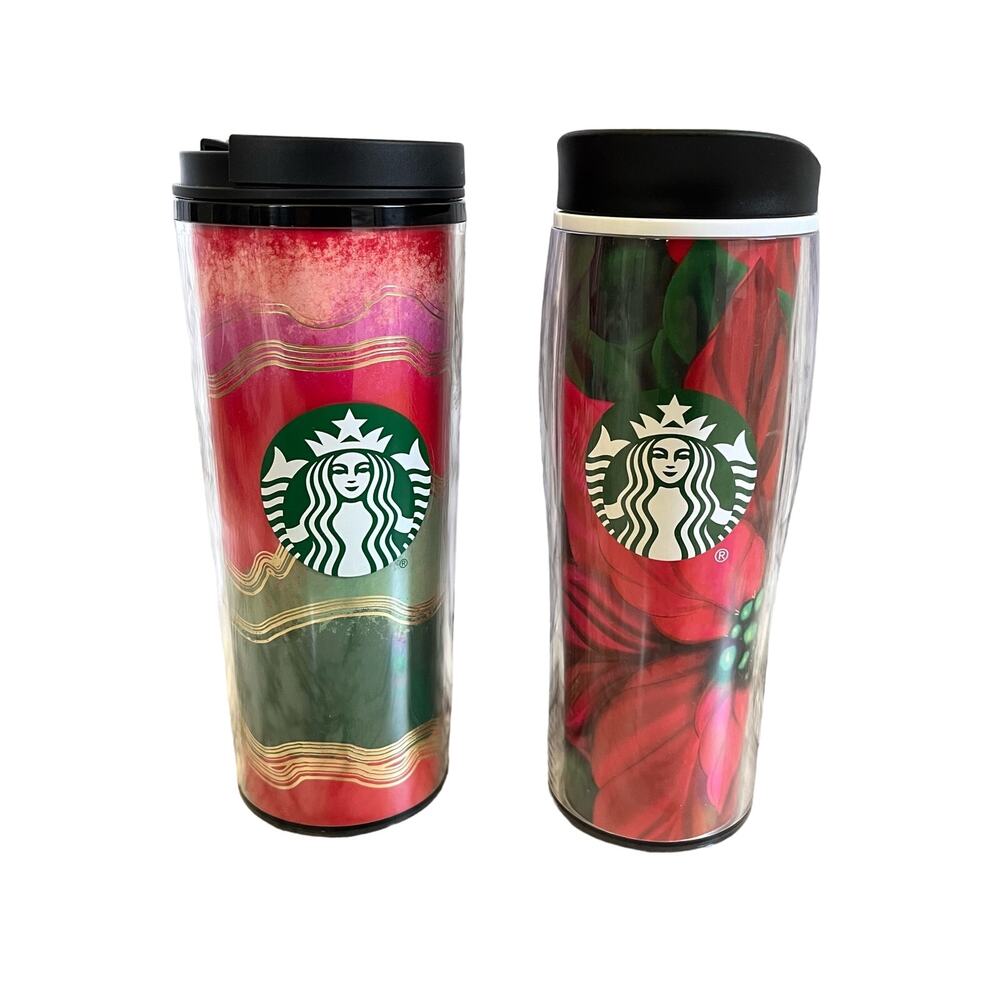 Lot of 2 Christmas Holiday Starbucks 16oz Floral Travel Tumblers Iced Tea Coffee